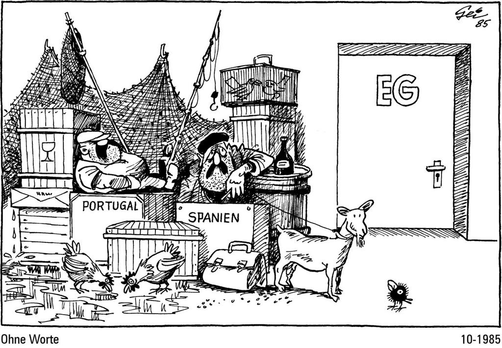 Cartoon by Geisen on the accession of Spain and Portugal to the European Communities (October 1985)