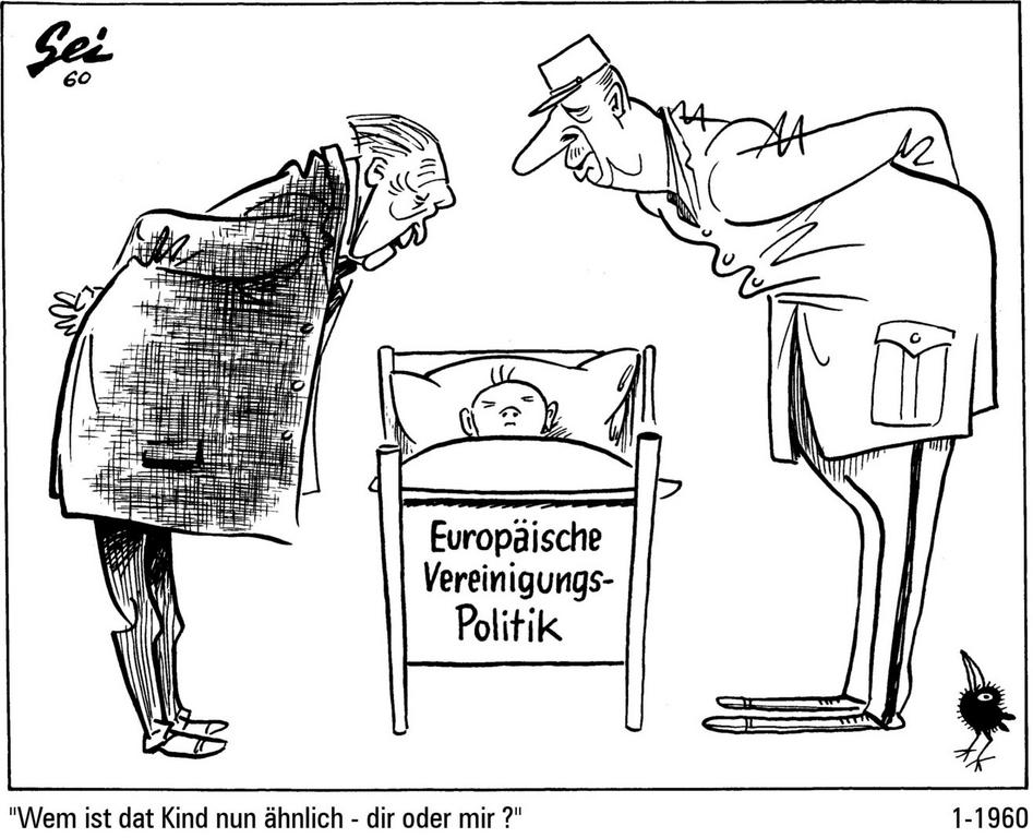 Cartoon by Geisen on the action taken by France and Germany to promote a European integration policy (January 1960)
