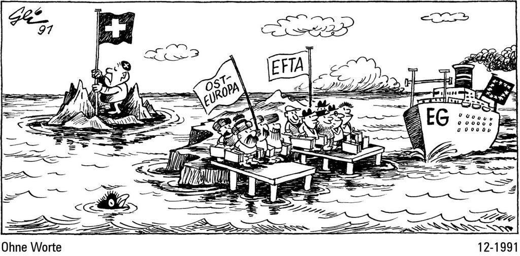 Cartoon by Geisen on Switzerland’s position on the European integration process (December 1991)