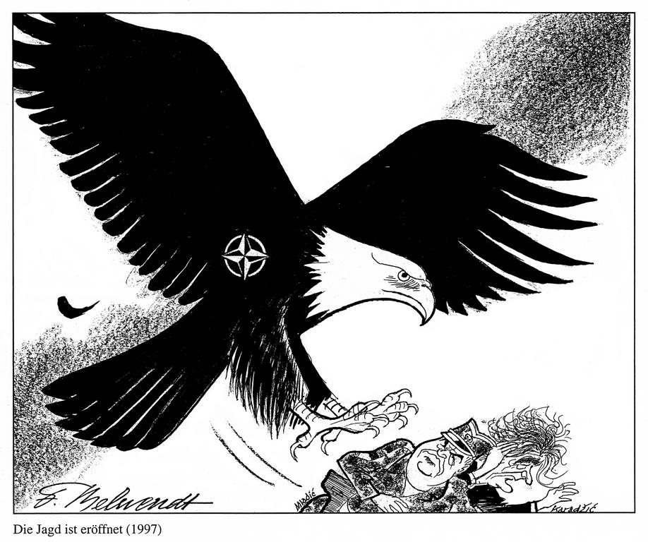 Cartoon by Behrendt on the search for Serbian war criminals (1997)