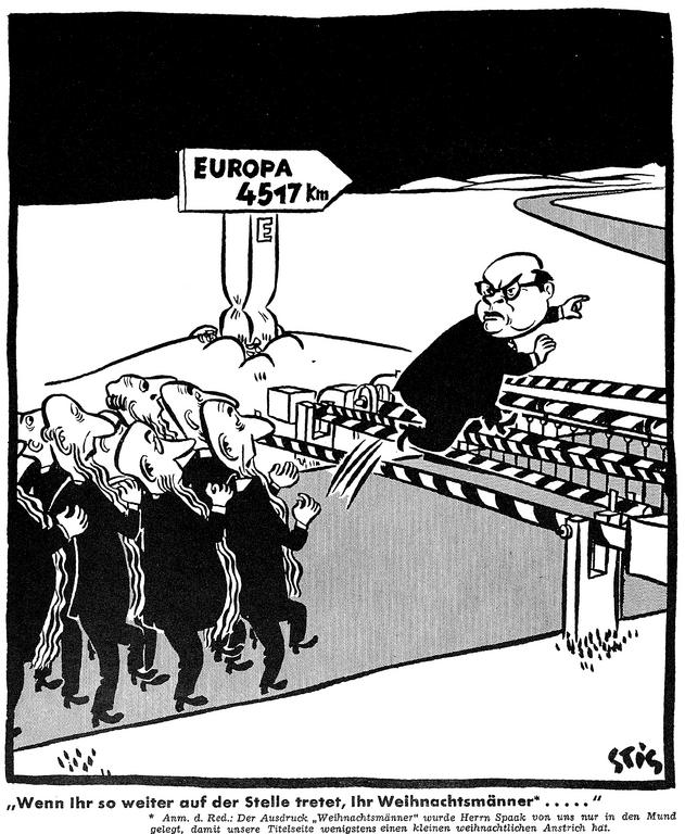 Karikatur von Stig über den Rücktritt von Paul-Henri Spaak als Präsident der Beratenden Versammlung des Europarates (Dezember 1951)
