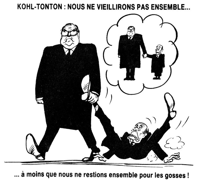 Cartoon by Cabu on the power relationship between Kohl and Mitterrand (21 February 1990)