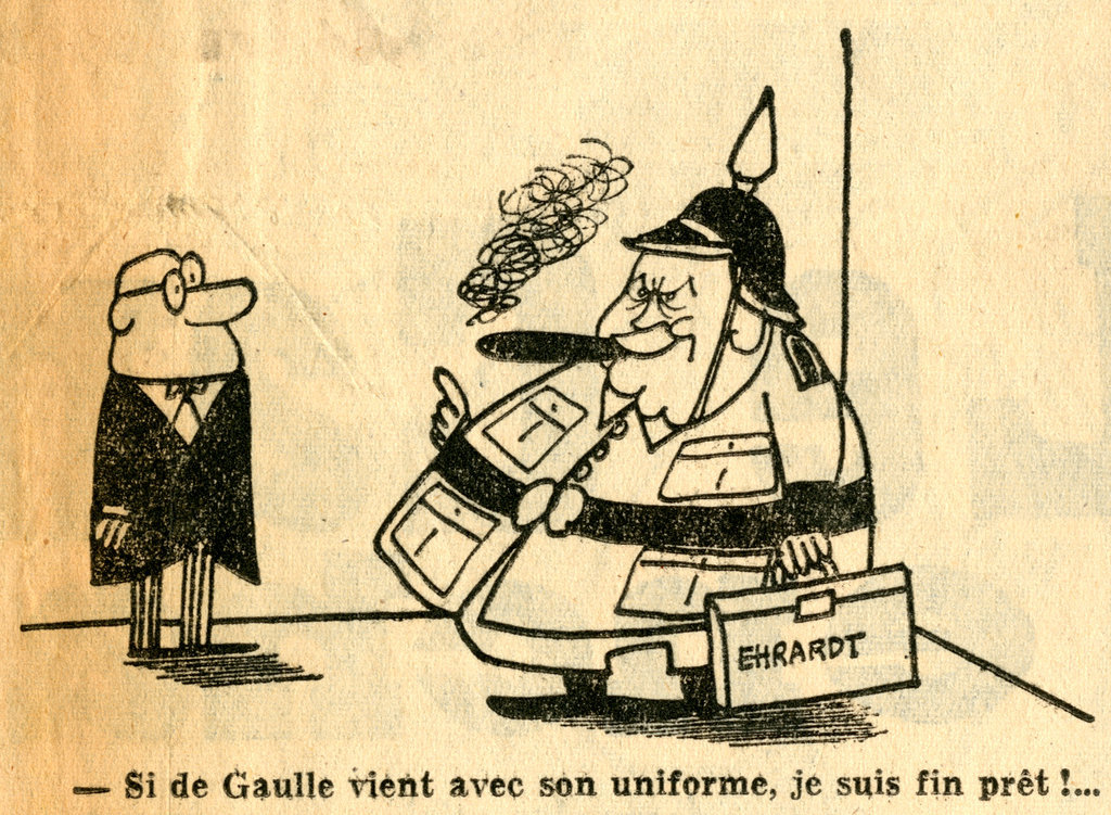Karikatur von Lap zu den Spannungen zwischen Charles de Gaulle und Ludwig Erhard (1. Juli 1964)