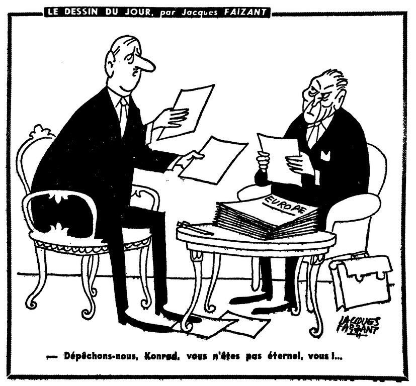 Karikatur von Faizant zu den Beziehungen zwischen de Gaulle und Adenauer (6. Juli 1962)