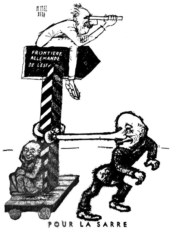 Caricature de Mitelberg sur le règlement de la question de la Sarre (28 mars 1952)