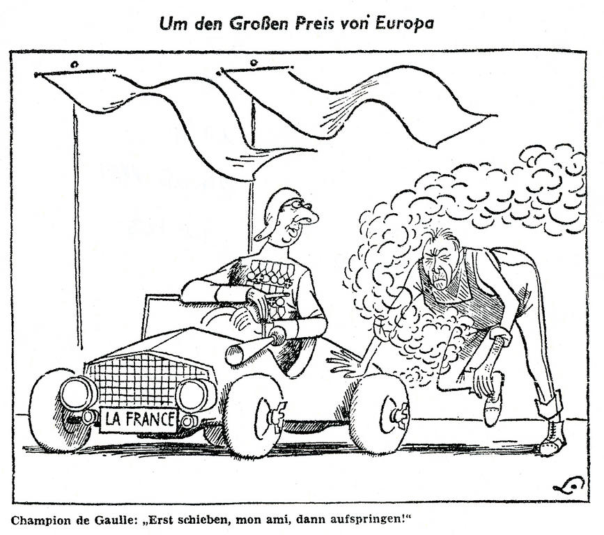 Karikatur von Lang über Frankreich und Deutschland angesichts des europäischen Einigungswerks (24. Mai 1961)