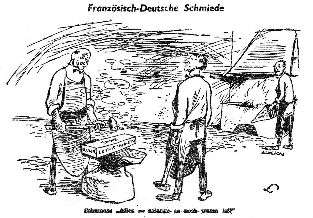 Cartoon by Lang on the Schuman Plan and Franco-German relations (13 May 1950)