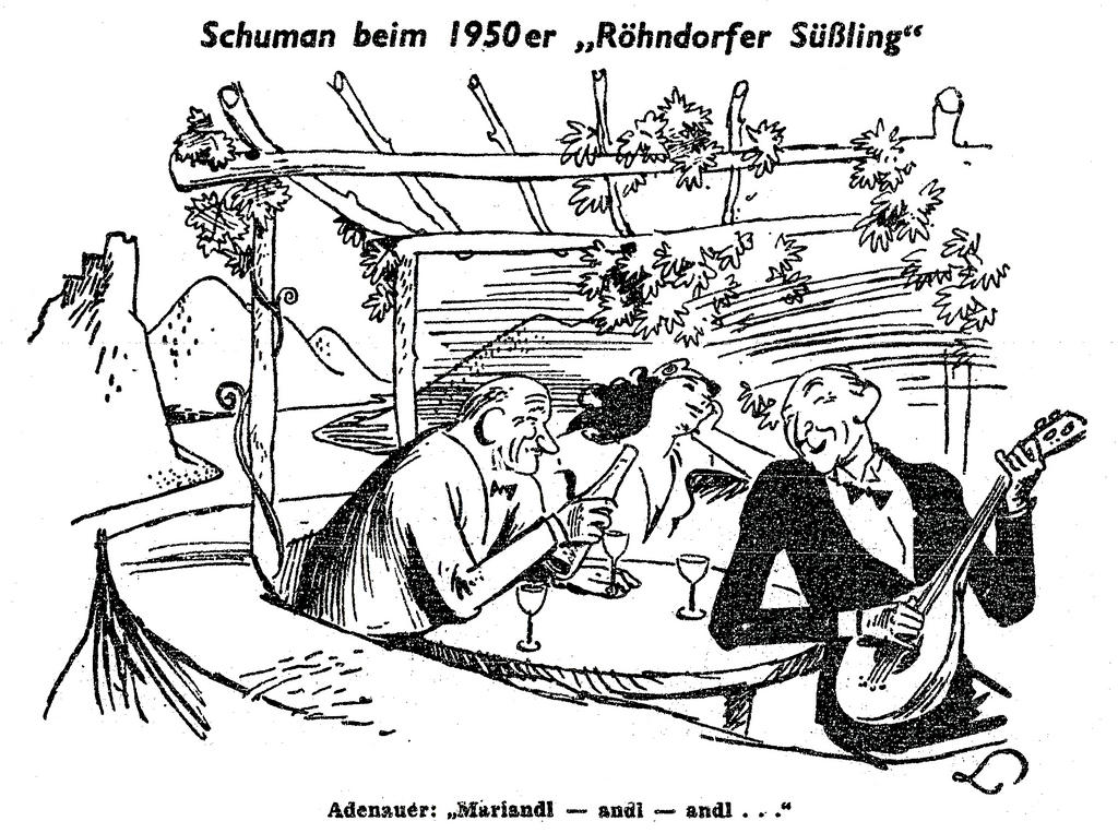 Caricature de Lang sur le voyage de Robert Schuman en RFA (14 janvier 1950)