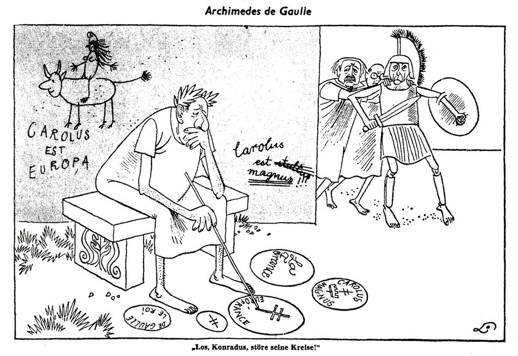 Karikatur von Lang zum deutsch-französischen Duo angesichts der Frage des Beitritts des Vereinigten Königreichs zum Gemeinsamen Markt (19. Januar 1963)