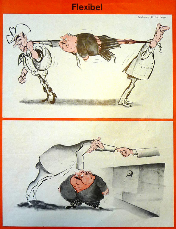 Karikatur von Haitzinger zum schwierigen Verhältnis zwischen Charles de Gaulle und Ludwig Erhard (2. Juli 1966)