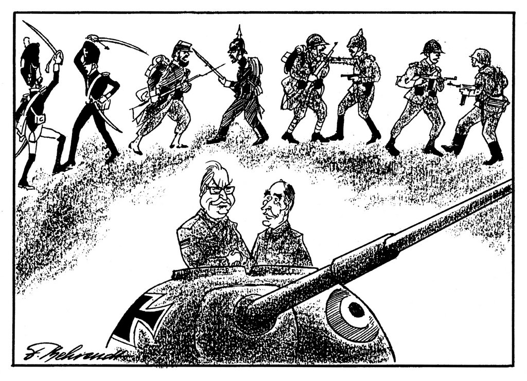 Cartoon by Behrendt on the plan for a Franco-German Brigade (27 June 1987)