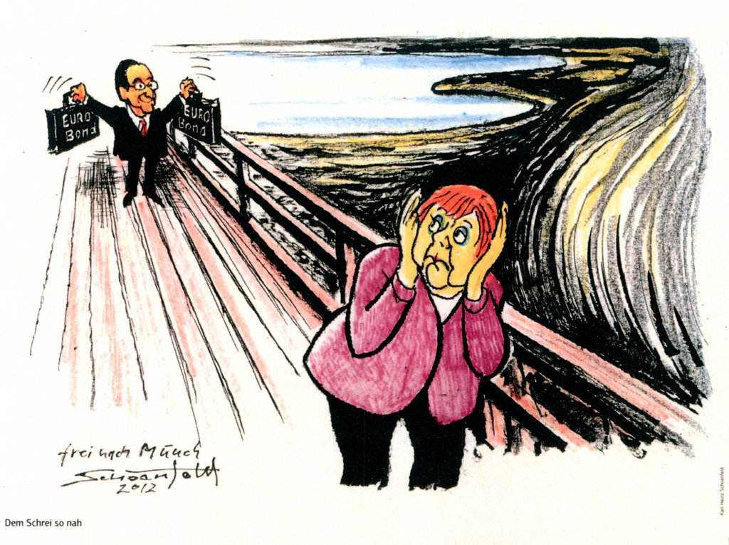 Caricature de Schoenfeld sur les divergences franco-allemandes face à la crise de l'euro (25 mai 2012)