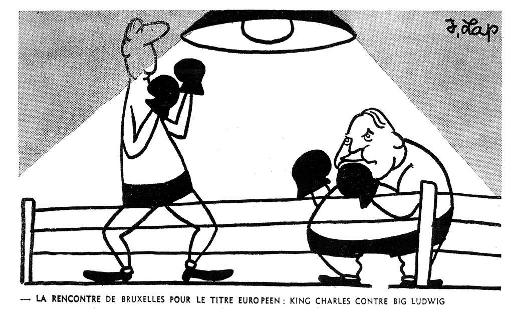 Cartoon by Lap on the opposition between Charles de Gaulle and Ludwig Erhard over the common agricultural market (12 December 1963)