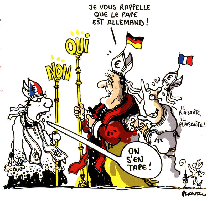 Karikatur von Plantu über das deutsch-französische Duo und die Frage des europäischen Verfassungsvertrags (27. April 2005)