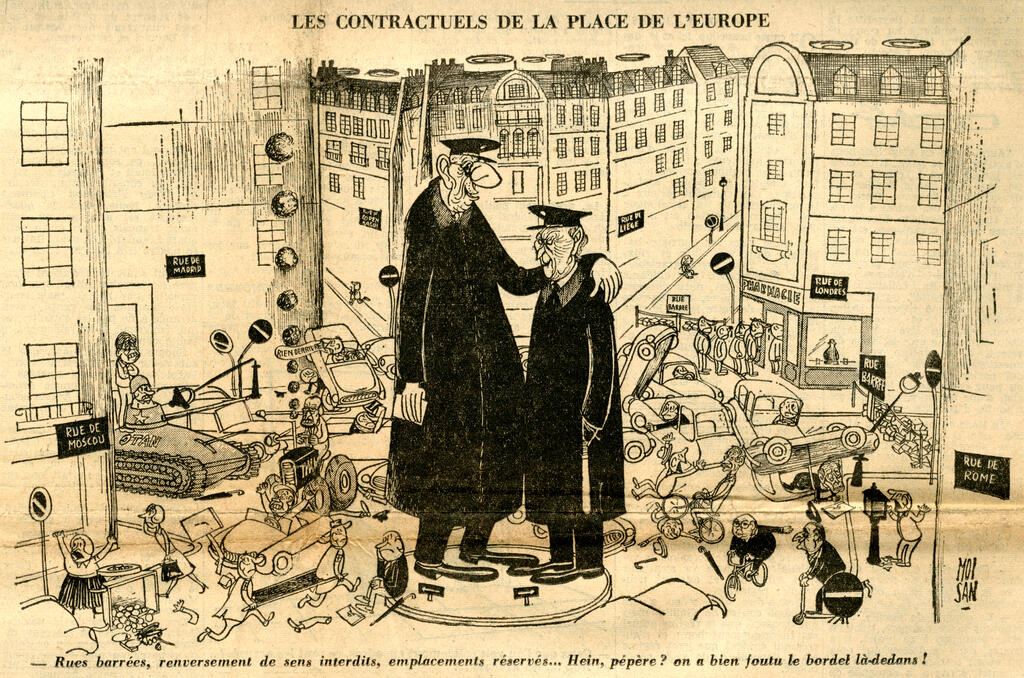 Karikatur von Moisan über das deutsch-französische Zweiergespann de Gaulle-Adenauer (13. Februar 1963)