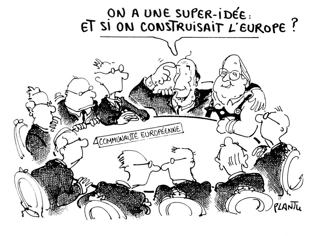 Karikatur von Plantu zum deutsch-französischen Projekt der Europäischen Union (29. Juni 1985)
