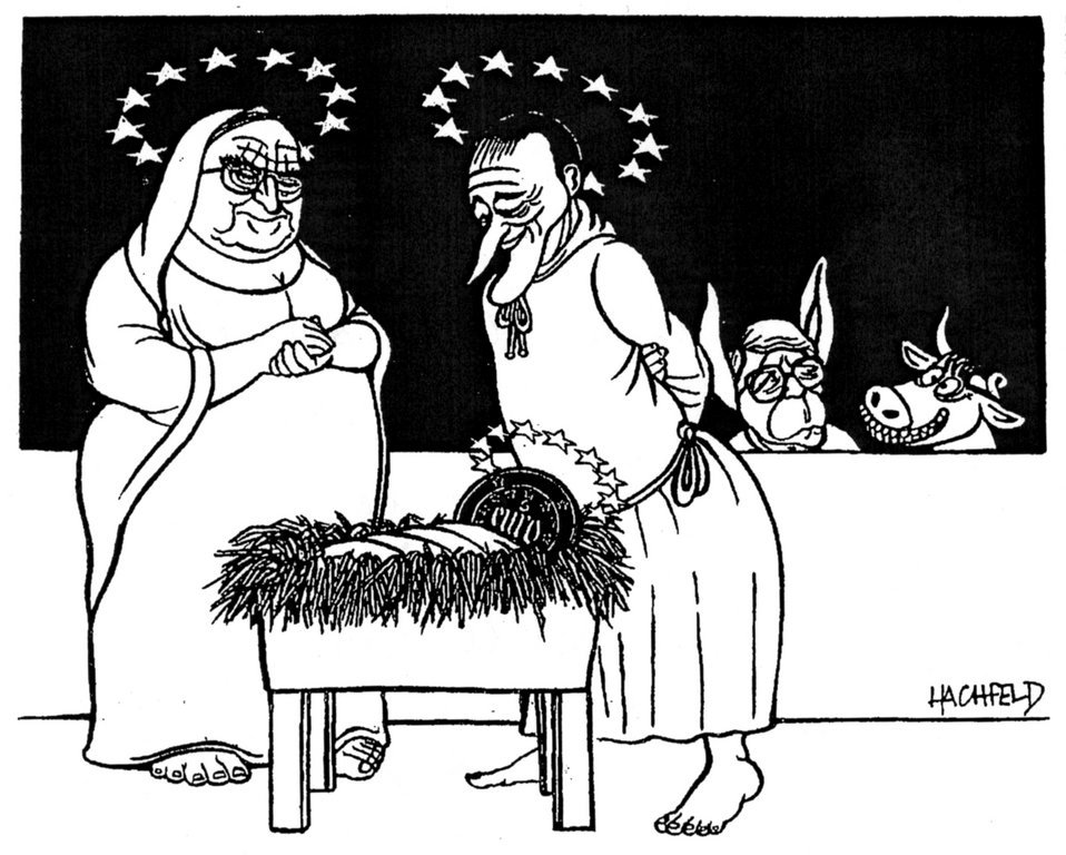 Cartoon by Hachfeld on the creation of the euro (14 December 1996)