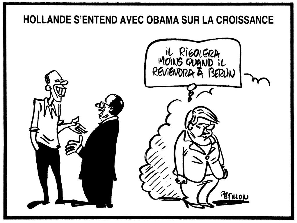 Caricature de Pétillon sur le couple Hollande-Merkel face à la question de la relance de la croissance (23 mai 2012)