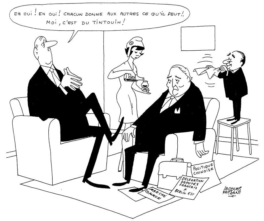Cartoon by Faizant on the differences of opinion between France and Germany (15 February 1964)