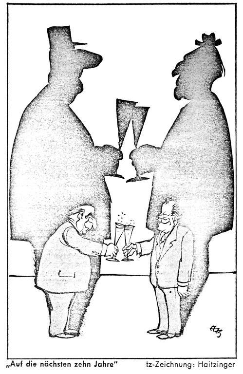 Karikatur von Haitzinger zu 10 Jahren deutsch-französischer Zusammenarbeit (23. Januar 1973)