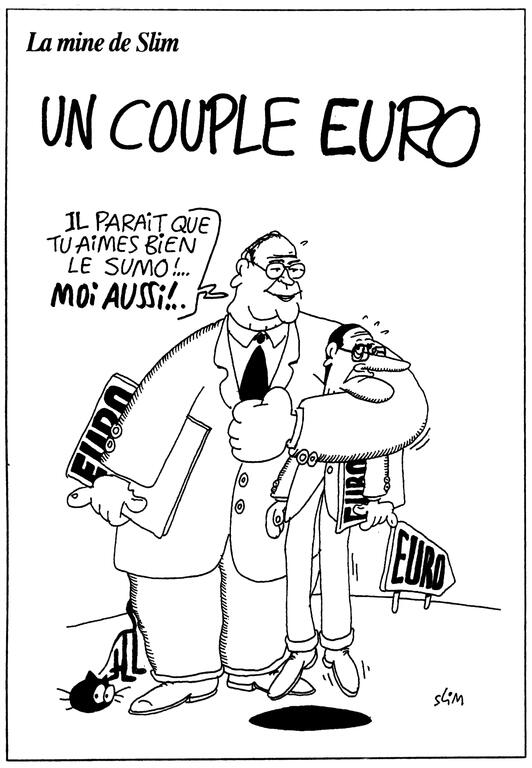 Cartoon by Slim on the creation of the euro (4 December 1996)