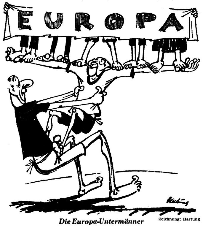 Karikatur von Hartung zur Rolle des deutsch-französischen Tandems im europäischen Einigungsprozess (7. September 1962)