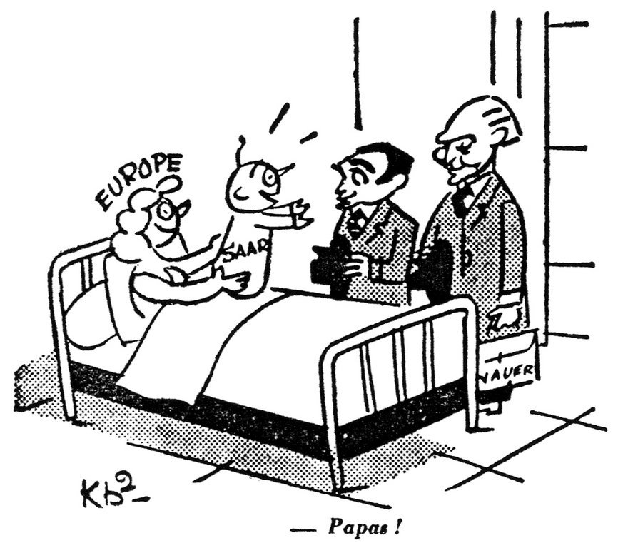 Karikatur von Kb2 zur Zukunft des Saarlandes (27. Oktober 1954)