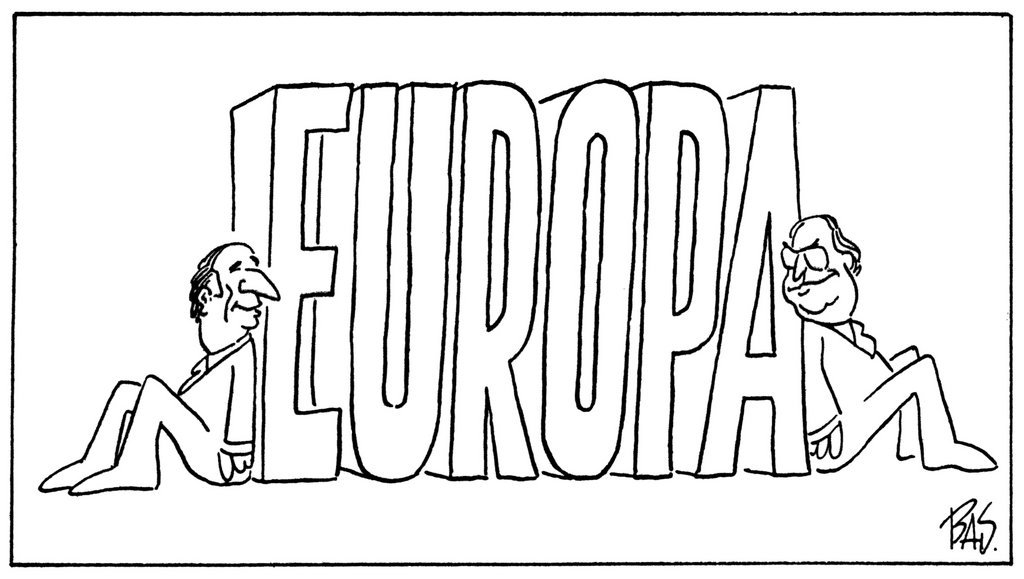Cartoon by Bas on France and the FRG, pillars of Europe (12 November 1987)
