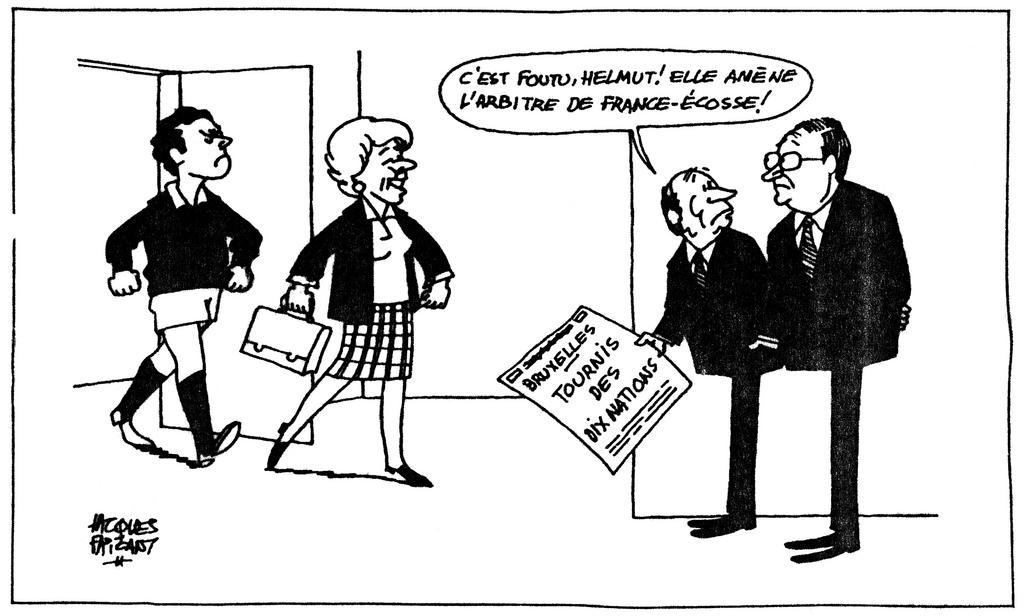 Cartoon by Faizant on the difficult negotiations on the British contribution to the Community budget (20 March 1984)