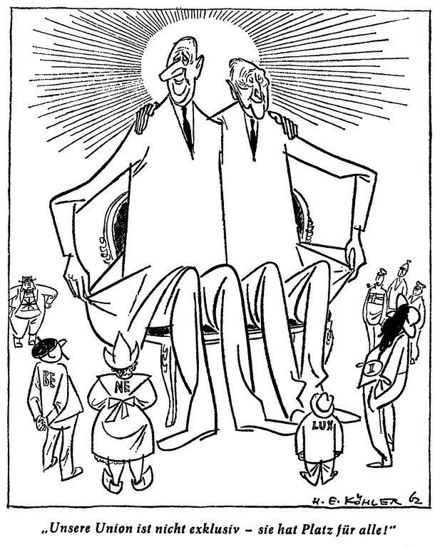Cartoon by Köhler on the role of the Franco-German duo in the European integration process (12 September 1962)