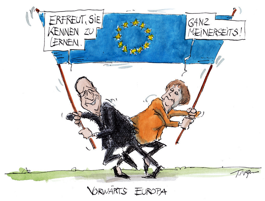 Karikatur von Plaßmann zu den Bemühungen des Duos Merkel-Hollande um das europäische Einigungswerk (16. Mai 2012)