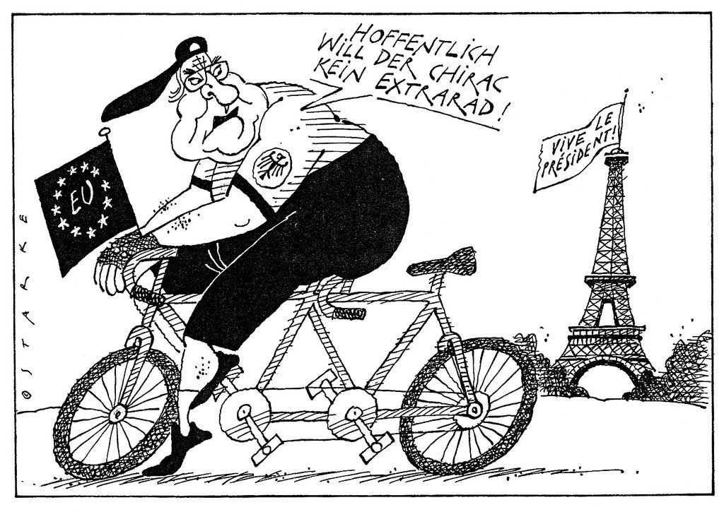 Cartoon by Starke on the future of the Franco-German tandem (9 May 1995)