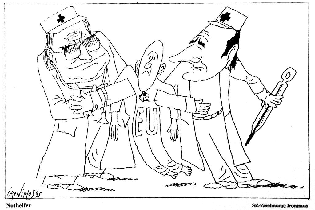 Karikatur von Ironimus zur Unterstützung des europäischen Einigungsprozesses durch Frankreich und Deutschland (11. Dezember 1995)