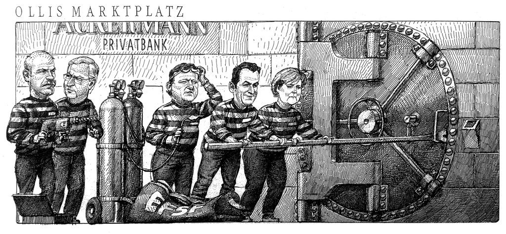 Karikatur von Ollis Marktplatz zur Einrichtung der Europäischen Finanzstabilisierungsfazilität (29. Oktober 2011).