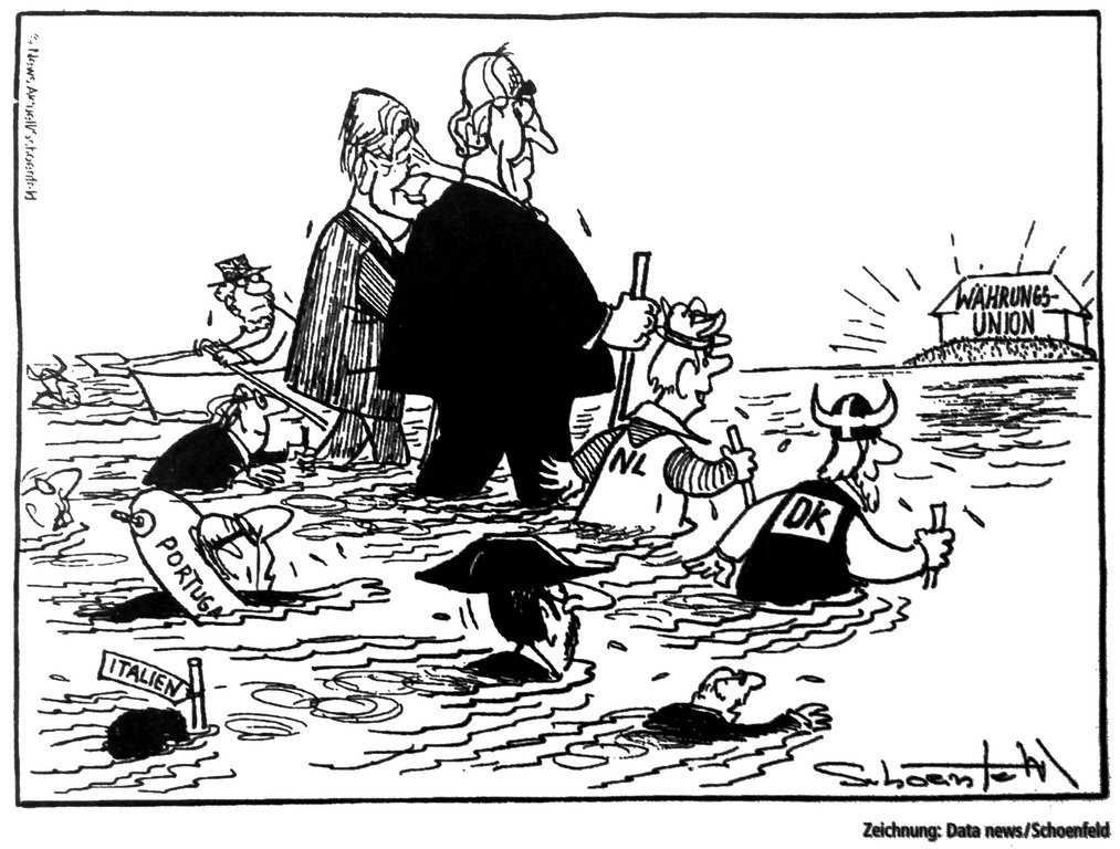 Karikatur von Schoenfeld zur Errichtung der Wirtschafts- und Währungsunion (16. November 1995)