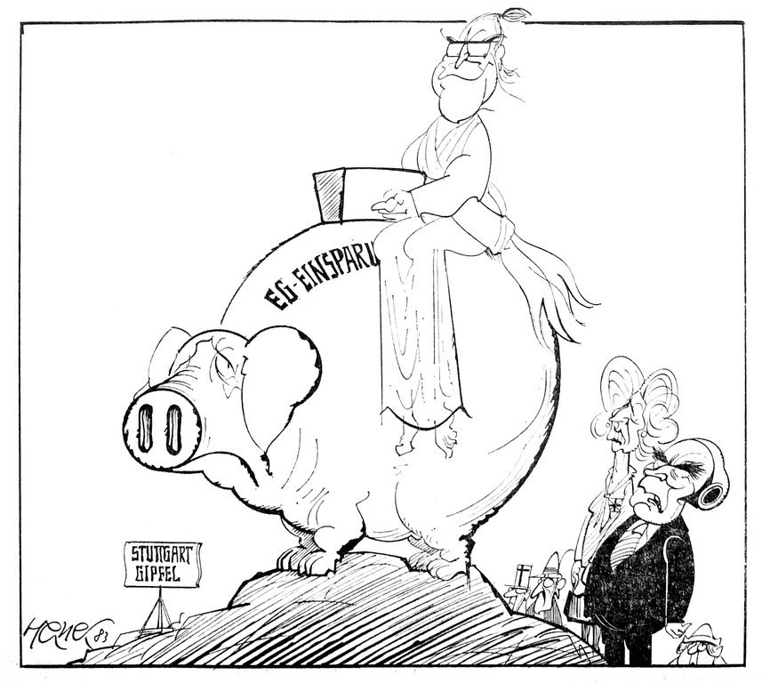 Karikatur von Hanel zur Finanzierung des europäischen Haushalts: Europäischer Rat von Stuttgart (20. Juni 1983)