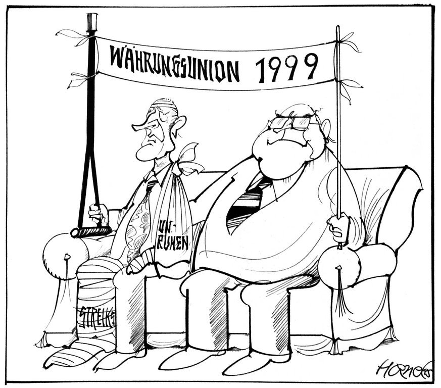 Karikatur von Hanel zu dem deutsch-französischen Zweiergespann und dem Zeitplan für die Währungsunion (9. Dezember 1995)