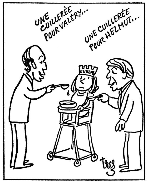 Caricature de Trez sur l'action du couple franco-allemand en faveur de l'Europe (14 février 1976)