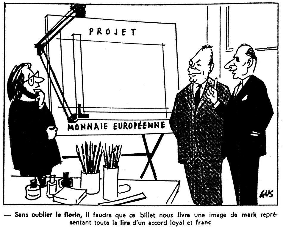 Cartoon by Gus on the European currency project (29 January 1971)