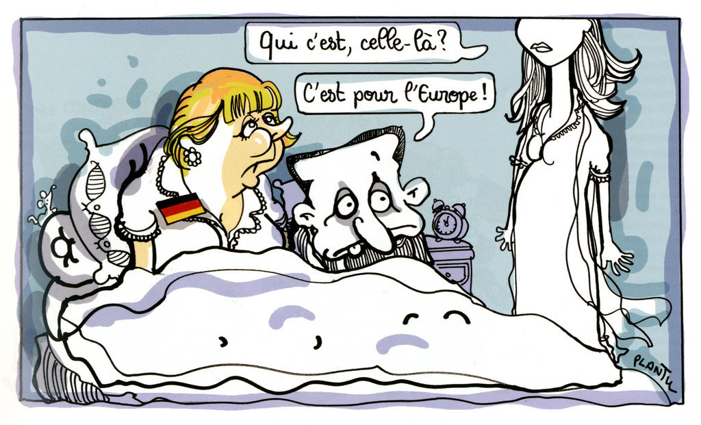 Karikatur von Plantu zum Vorgehen des deutsch-französischen Duos angesichts der Krise in der Eurozone (14.-15. August 2011)