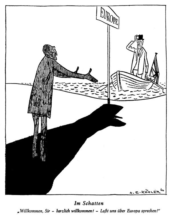 Karikatur von Köhler zur schwierigen Debatte über den Beitritt Großbritanniens zum Gemeinsamen Markt (10. August 1960)