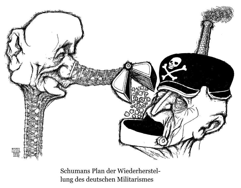Cartoon by Mitelberg on the dangers of the Schuman Plan (1953)