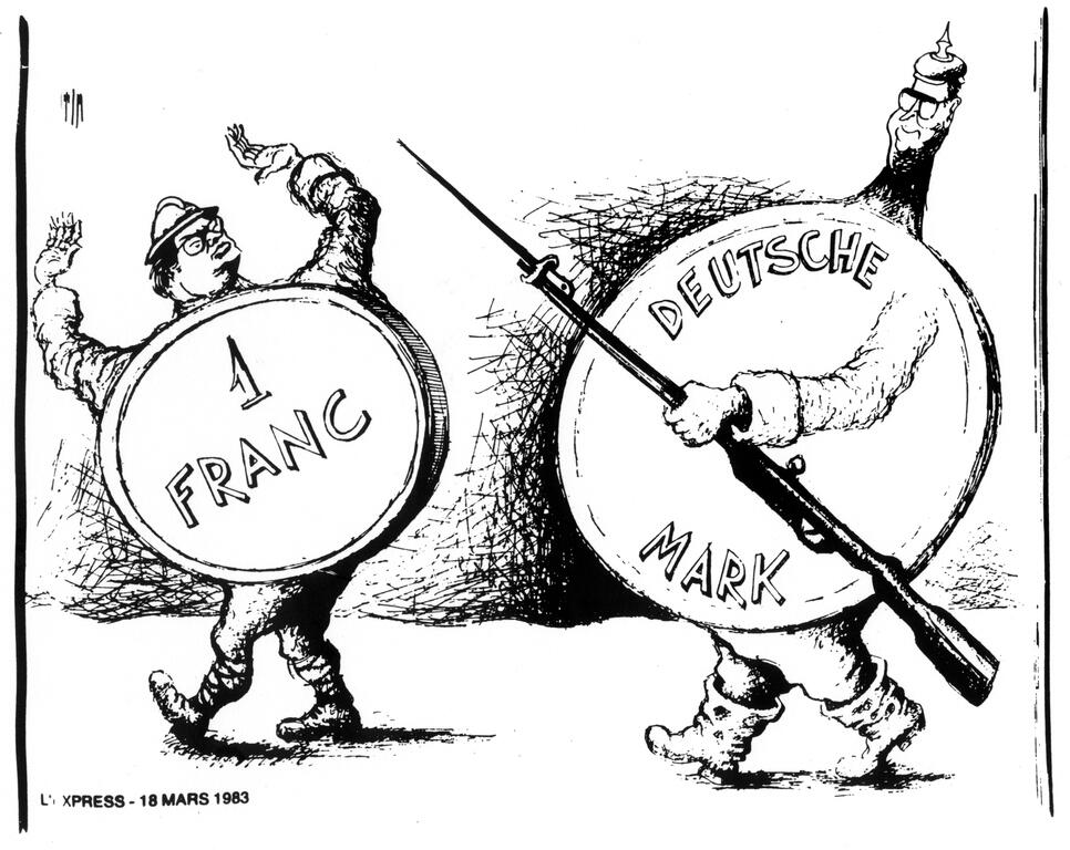 Karikatur von Tim zur Parität „Französischer Franc-Deutsche Mark“ innerhalb des europäischen Währungssystems (11. März 1983)