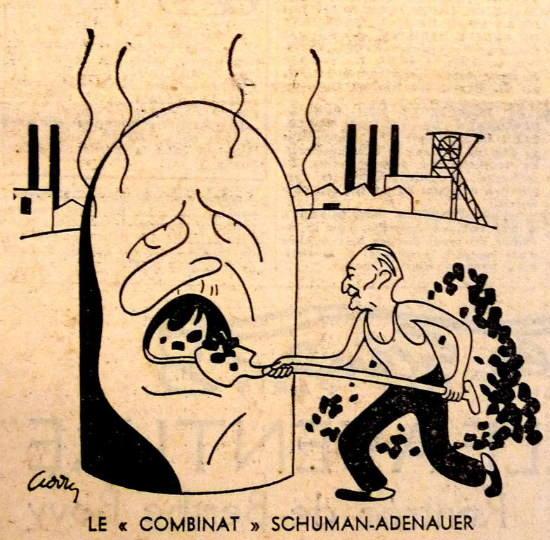 Caricature de Curry sur les enjeux du plan Schuman (11 mai 1950)