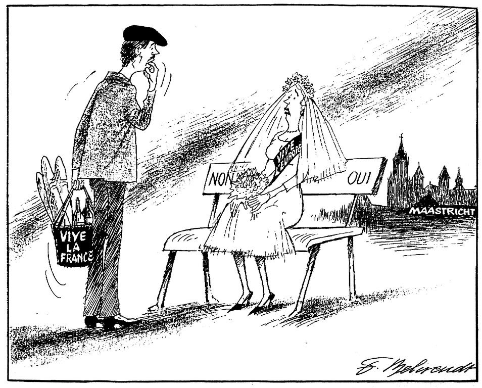 Cartoon by Behrendt on the French referendum for the ratification of the Maastricht Treaty (19 September 1992)