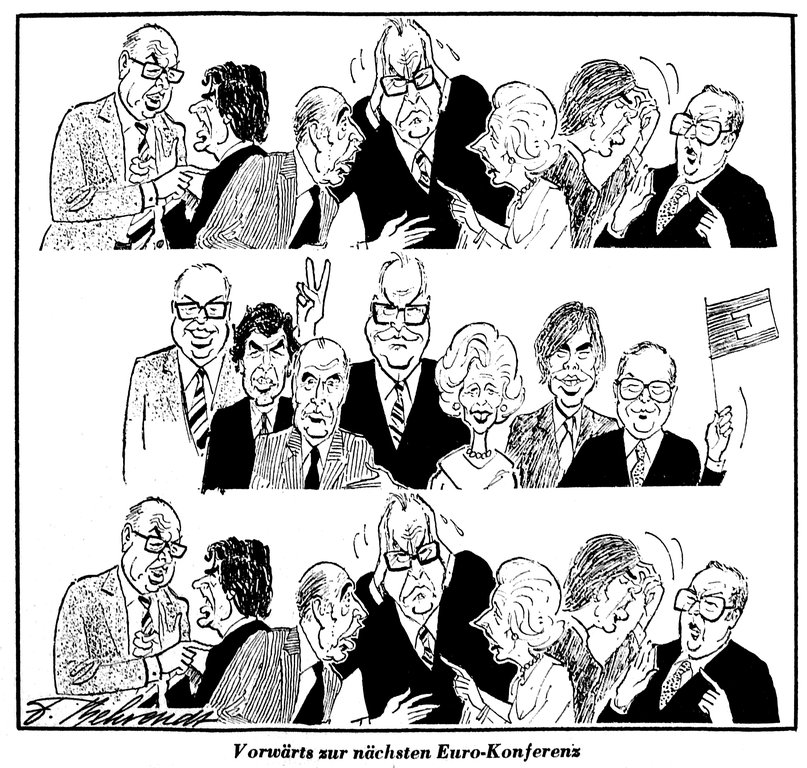 Caricature de Behrendt sur les difficiles négociations au sein des Conseils européens (23 juillet 1985)