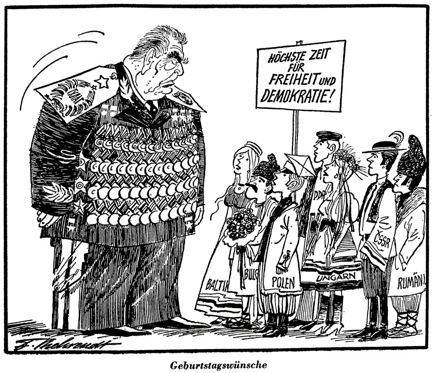 Cartoon by Behrendt on liberty and democracy in the Eastern bloc (22 December 1976)