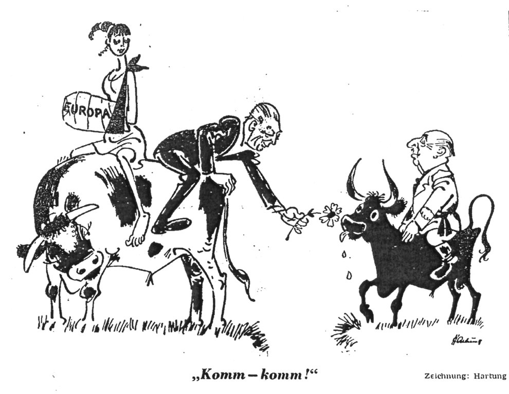 Caricature de Hartung sur la question du rapprochement de l'Espagne franquiste à la CEE (30 octobre 1968)